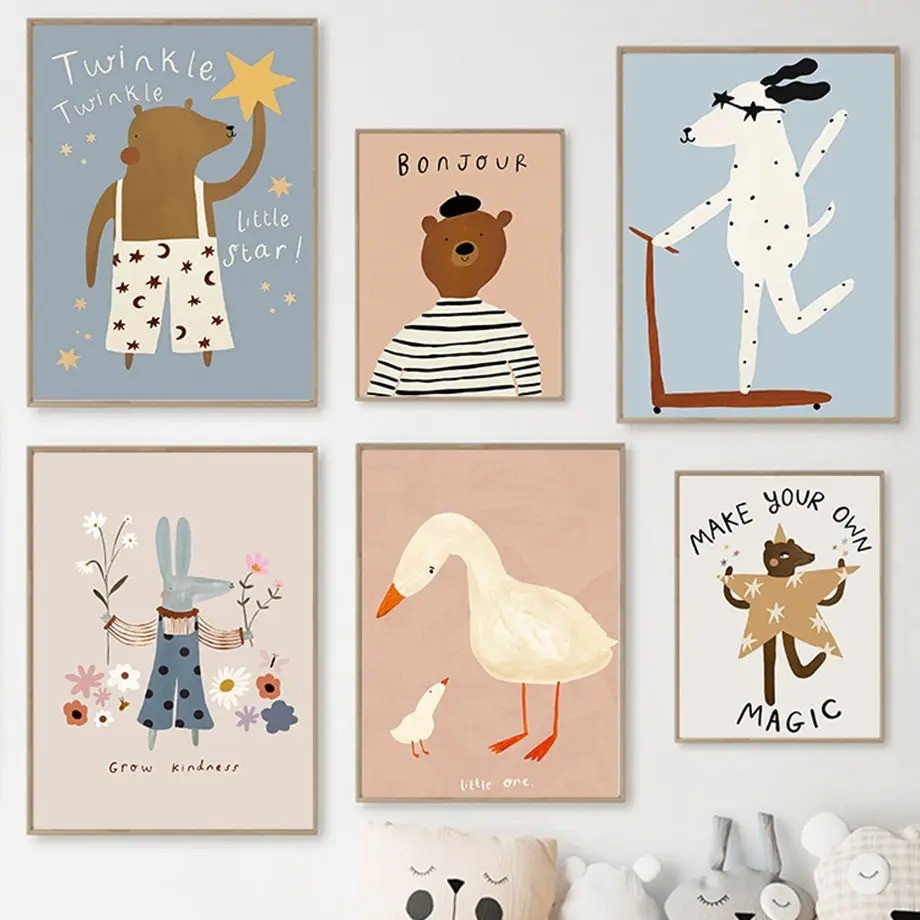 ตลกสกู๊ตเตอร์ Spotted สุนัขหมีกระต่ายเป็ด Wall Art ภาพวาดผ้าใบ Nordic โปสเตอร์พิมพ์ภาพเนอสเซอรี่เด็กทารกตกแต่งห้อง