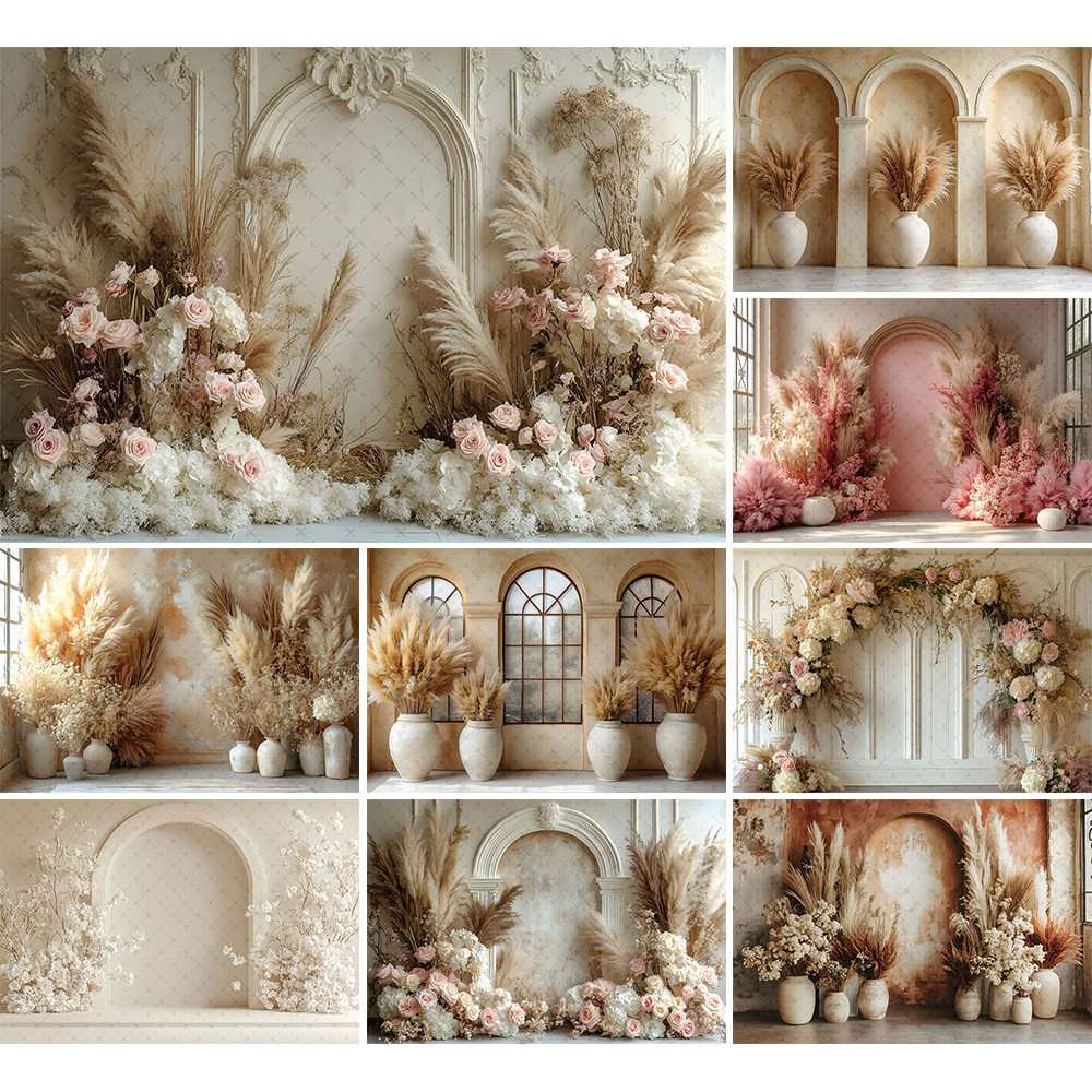 พื้นหลังการถ่ายภาพ Boho Pampas Grass Floral ผู้ใหญ่วันเกิดงานแต่งงานคลอดบุตร Portrait Decor ฉากหลังสตูดิโอถ่ายภาพ