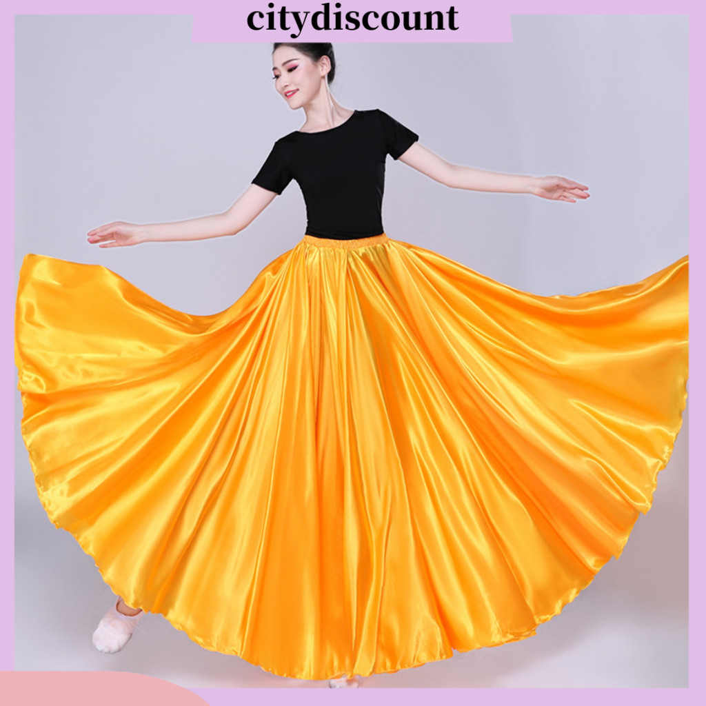 ผู้หญิง Tulle กระโปรงสีทึบกระโปรงที่สวยงามเอวสูงจีบกระโปรงซาตินสําหรับ Belly Dance Swing เต้นรําหรูหราสไตล์สเปนกับ Hem ใหญ่ที่สมบูรณ์แบบสําหรับ Perfor
