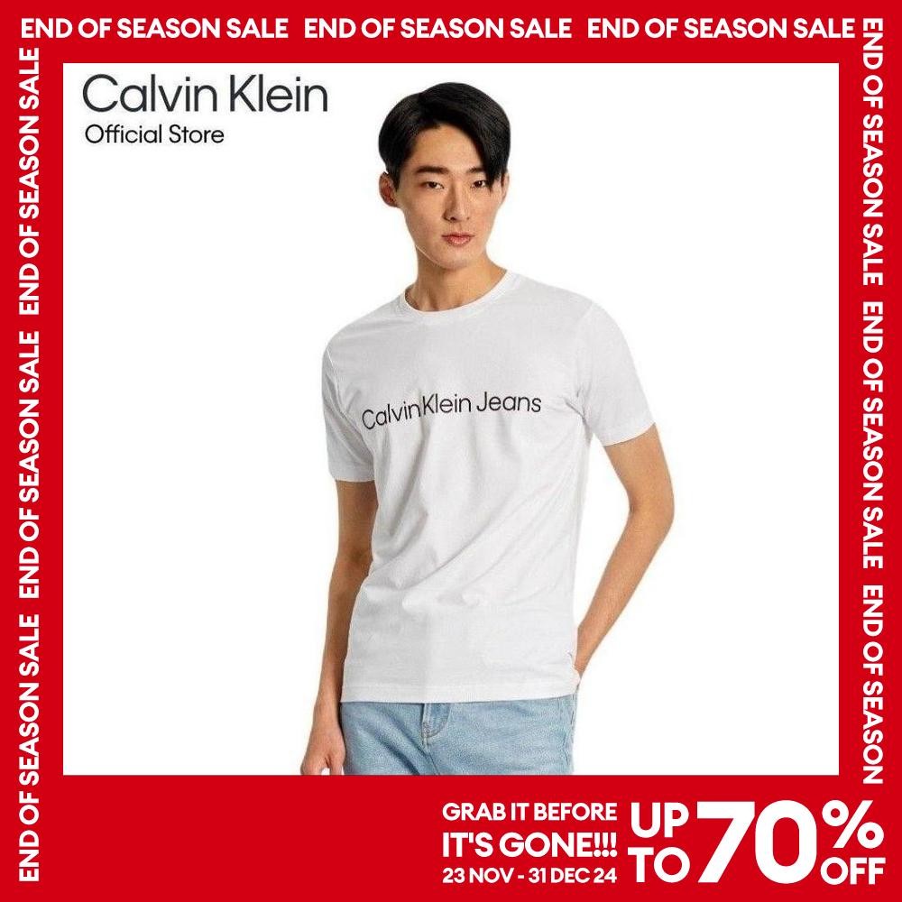 Calvin Klein เสื้อยืดผู้ชาย ทรง Slim สีขาว รุ่น J320766 YAF Organic Cotton Institutional Logo