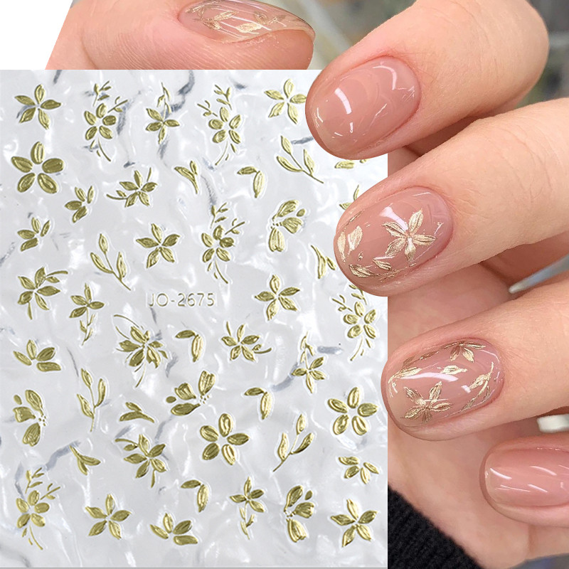 ปั๊มเงิน Rose Gold 3D สติ๊กเกอร์ติดเล็บ Tender Leaf สาขาดอกไม้ Slash ใบพืชดอกไม้เล็บสติกเกอร์