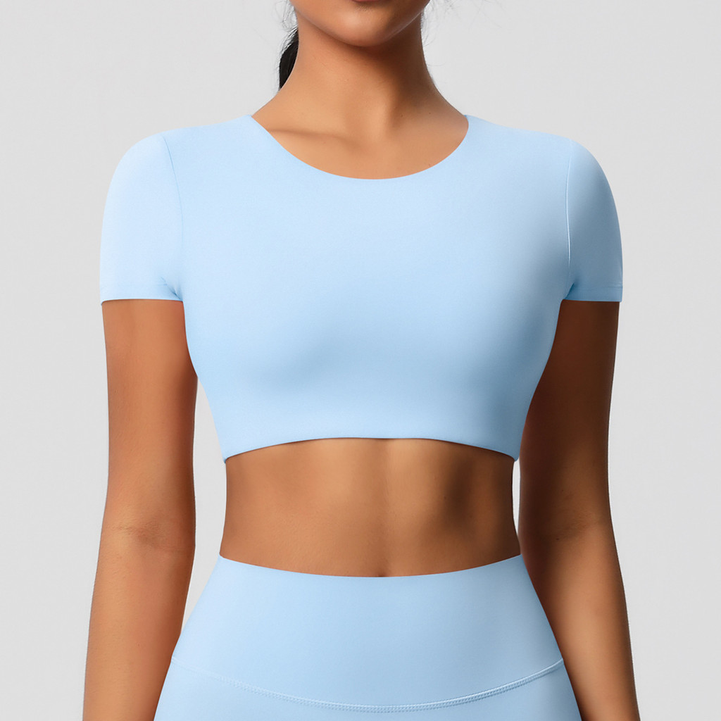 Yoga Sports T-shirt Padded Crop Top Short Sleeves Moisture-wicking — صورة 5