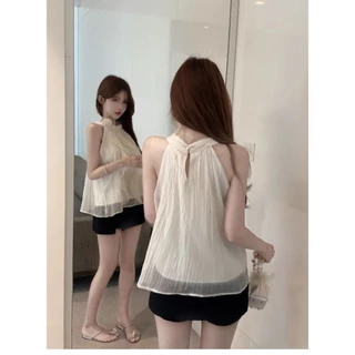เสื้อเบลาส์ผ้าชีฟองสีครีม แขนกุด มีซับใน แต่งระบายด้านหน้า หลังคอติดกระดุม หรูหรา เสื้อครอป #3043