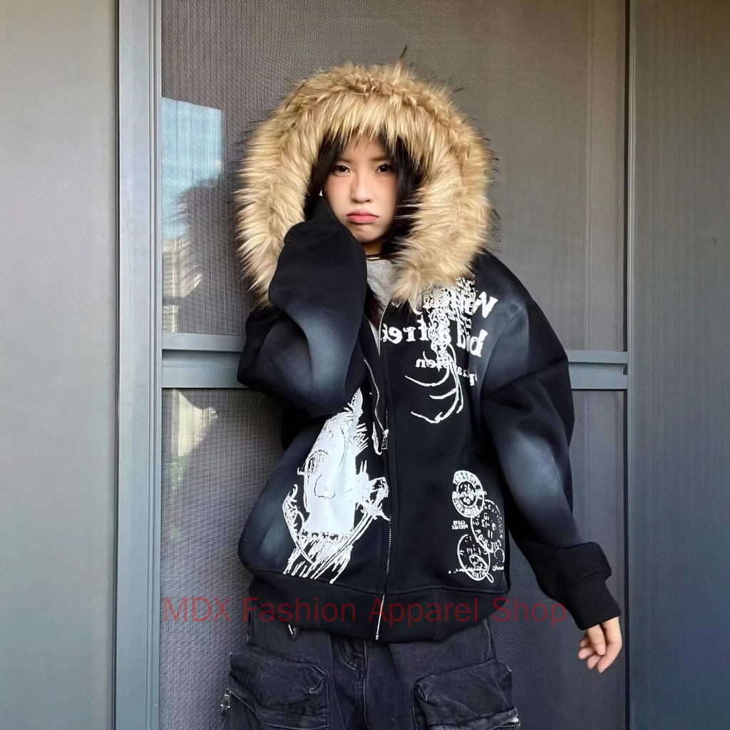 American Retro Y2k Millennium Fur Collar Zipper Hooded Jacket สําหรับผู้หญิง Dark Street Jacket