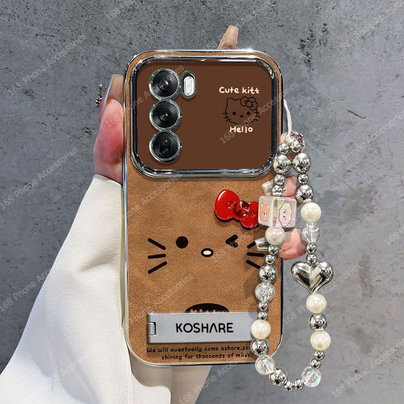 เคส OPPO Reno 12 11 Pro 5G เคสกันกระแทกการ์ตูนน่ารักโบว์คิตตี้แมวซอฟต์เคสโทรศัพท์ขาตั้งสายรัดเชือกเส้นเล็กขอบนุ่มกรณีสําหรับเด็กผู้หญิงนักเรียน