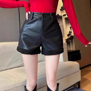 ฤดูใบไม้ผลิฤดูร้อนหนัง PU Lamb Wool Splicing กางเกงขาสั้นสําหรับผู้หญิงสไตล์เกาหลีเอวสูงอเนกประสงค์สีทึบ A-line กางเกงขากว้าง