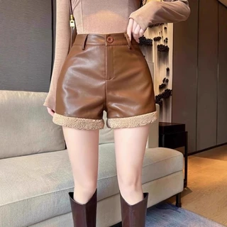 ฤดูใบไม้ผลิฤดูร้อนหนัง PU Lamb Wool Splicing กางเกงขาสั้นสําหรับผู้หญิงสไตล์เกาหลีเอวสูงอเนกประสงค์สีทึบ A-line กางเกงขากว้าง