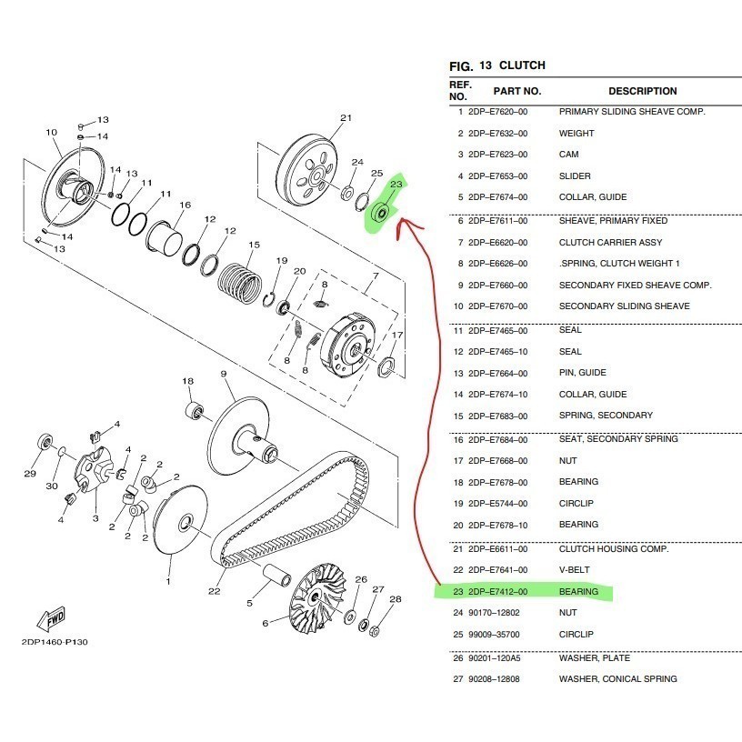 YAMAHA 2DP-E7412-00 NVX155 V1/V2 & NMAX155 V1/V2 REAR PULLEY BEARING CVT COVER 6202Z พร้อมเกียร์ภายใ