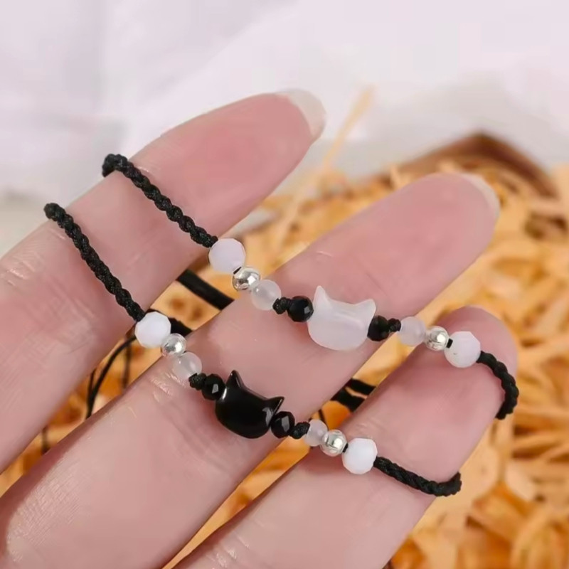 มูนสโตนธรรมชาติ Obsidian สร้อยข้อมือ Minimalist Handmade น่ารักสีดําสีขาวแมวลูกปัดเครื่องประดับของขวัญผู้หญิง Party อุปกรณ์เสริม