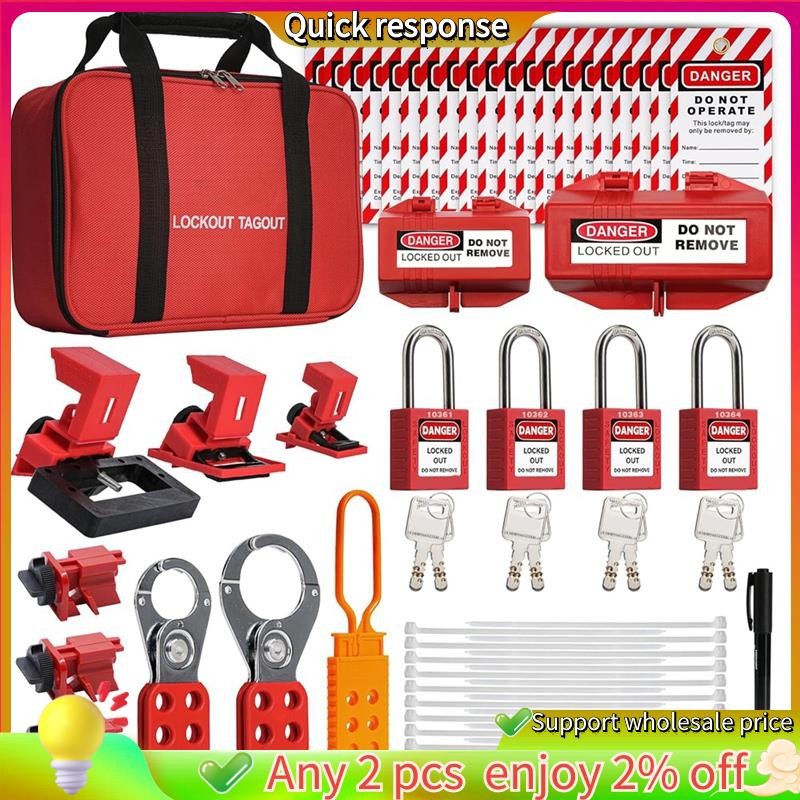 In -Lockout Tagout Kit, Electric Lockout Tagout Kit, 4 Keyed Different LotoSafety Padlocks, Hasps, Plug Lockout, Clamp