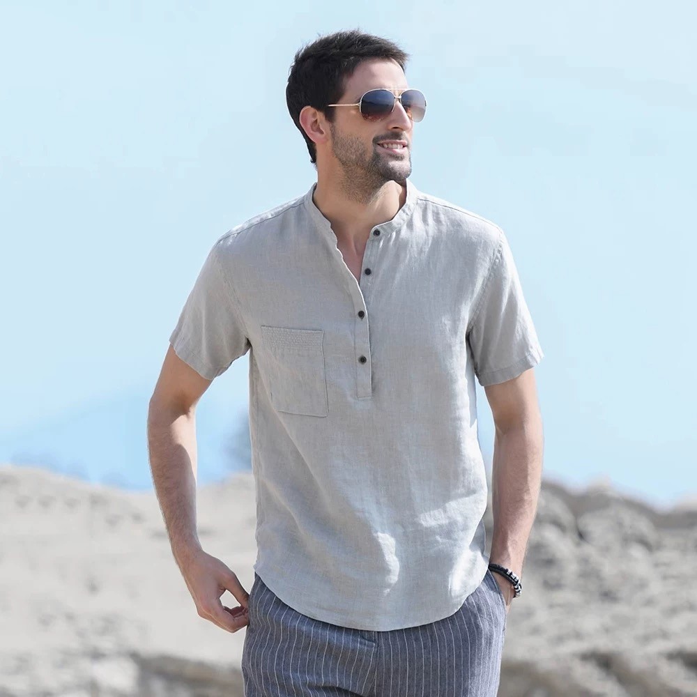 เอร์เชนชิ ฤดูร้อนใหม่ผ้าฝ้ายและผ้าลินินแขนสั้นผู้ชายเสื้อยืดยืนปกหัวเข็มขัดที่เรียบง่ายเสื้อแขนสั้น - รูปที่ 5