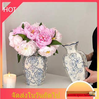 แจกันเซรามิกหรูหราสีฟ้าสีขาวไฮโดรโปนิแจกันดอกไม้เครื่องประดั…