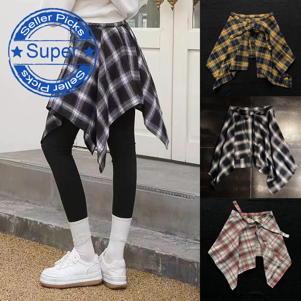Y2k ลายสก๊อตขนาดเล็กผายลมผ้าม่านหญิงอเมริกัน High Street ลายสก๊อต Layered Hem กระโปรงฐานเอว N3j4