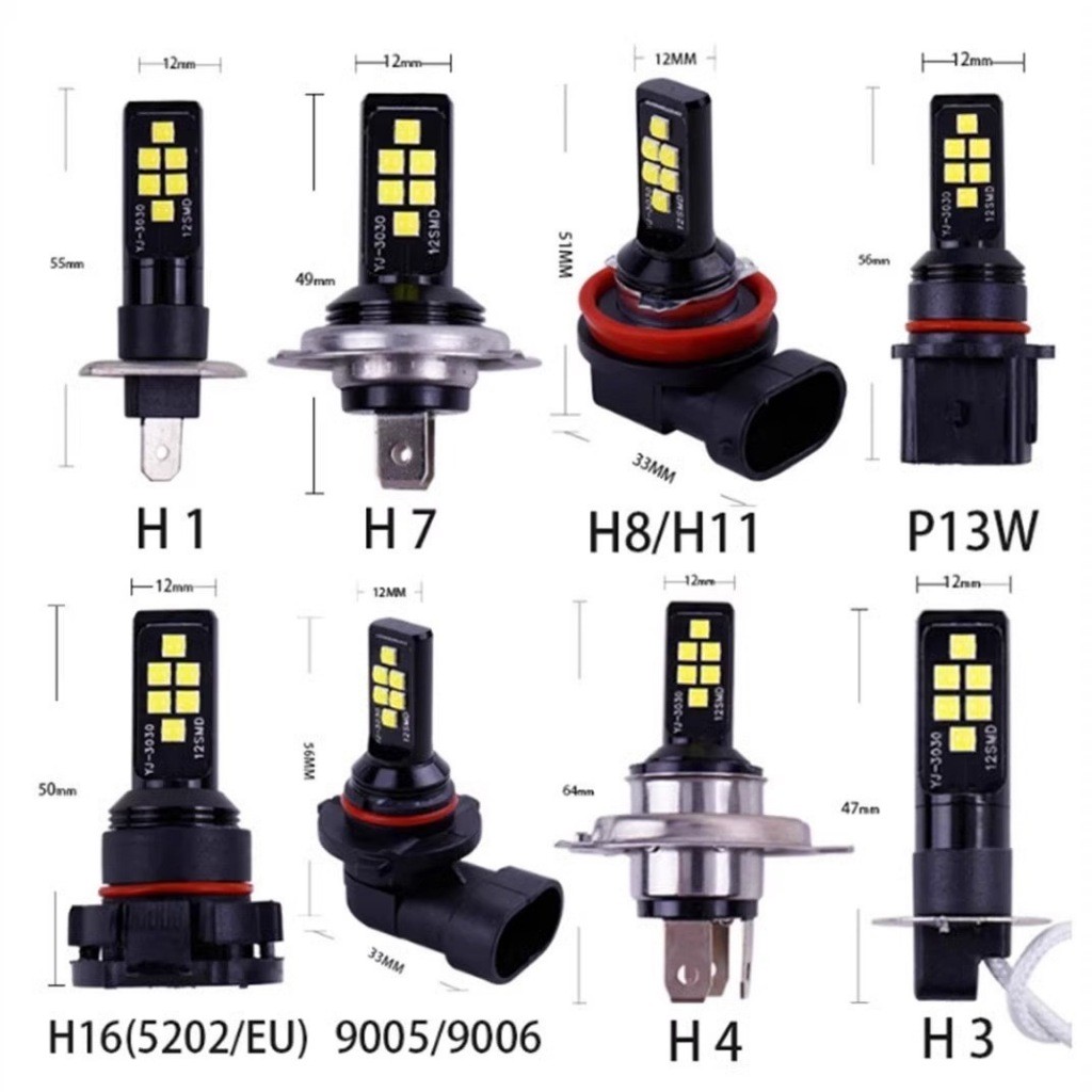 NEW หลอดไฟตัดหมอก (1คู่) LED 12SMD สําหรับรถยนต์ ZH3030 H11 HB4 H4 H1 H3 P13 H16 สีขาว/เหลือง