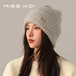 MISSKOI หมวกผู้หญิงฤดูใบไม้ร่วงฤดูหนาวความอบอุ่น Hot-Protecting หูแสดงใบหน้าขนาดเล็กถักหมวก Windproof ขนสัตว์เส้นรอบวงหัวใหญ่ Pi