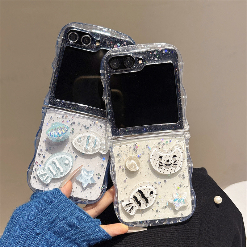 SAMSUNG 3D Shell Fish Star Soft Transparent GlitterปลอกSamsung Galaxy Z Flip 7 Z Flip 6 Z Flip 5 Z Flip 4/3 น่ารักกันกระแทกกรณีZ Flip 7FE