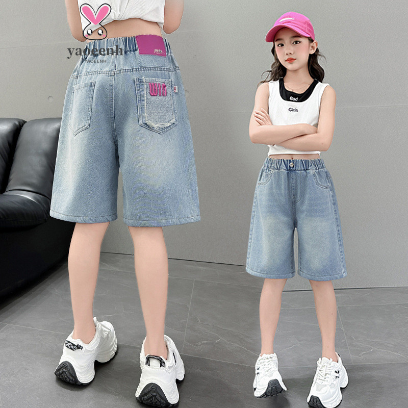 【YAOEENH】120-170 ซม.ฤดูร้อนสาวจดหมายยีนส์ห้าจุดกางเกงกลางเด็กใหญ่ระบายอากาศแฟชั่นทุกการแข่งขันกางเกงกลางสวมใส่ด้านนอก