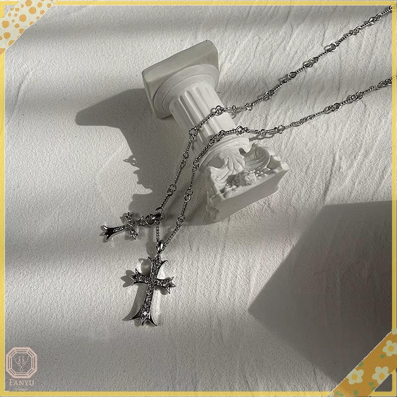 SGL แฟชั่นคู่เงาข้ามจี้สร้อยคอยาวสําหรับผู้หญิงสีเงินโซ่กระดูกไหปลาร้าผู้ชายอินเทรนด์เครื่องประดับขอ