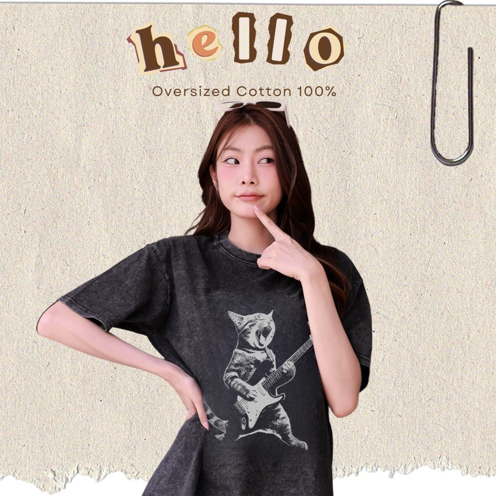 Basi💥 ผู้หญิง เสื้อยืด oversize เกรดพรีเมียม เสื้อคอตตอน100% ไม่หดตัว ใส่สบาย การ์ตูนน่ารัก ลาย "Guitar Cat"
