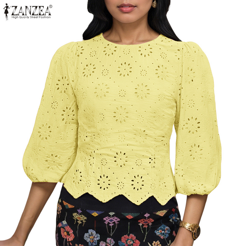 ZANZEA ใส่ ซานเซีย ผู้หญิงเกาหลีหรูหรารอบคอ3/4แขนลูกไม้ขอบหยักชายเสื้อ