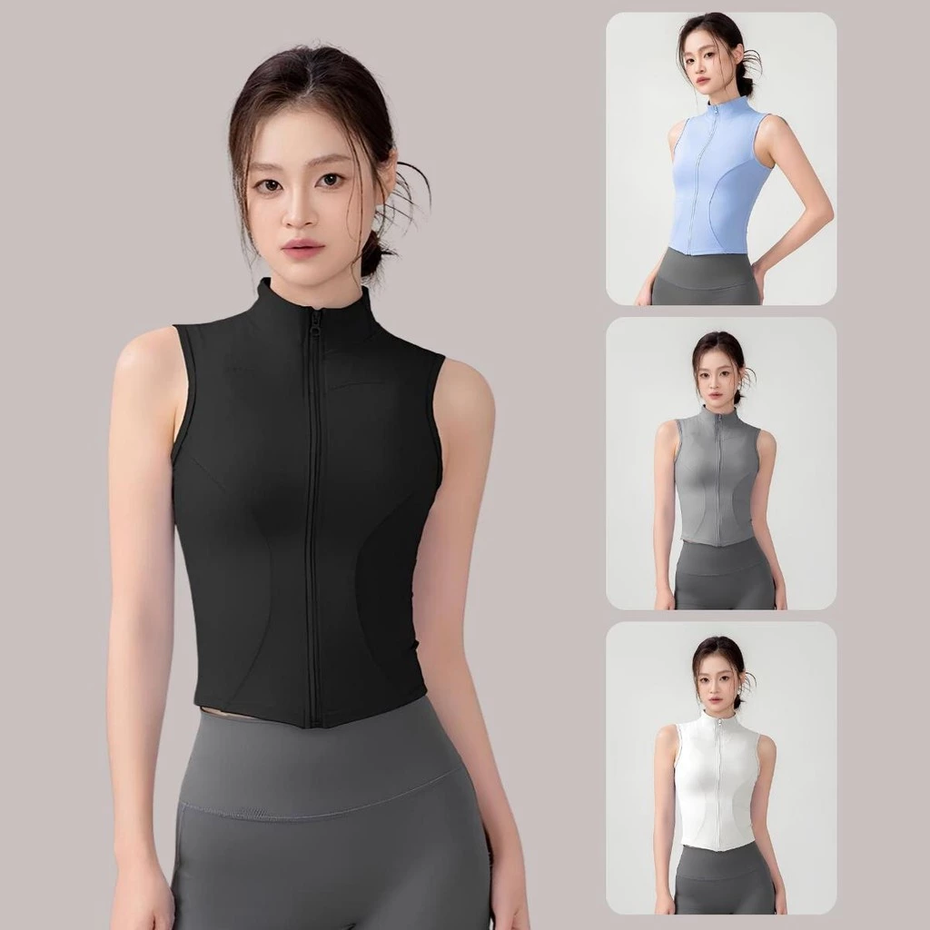 เสื้อออกกำลังกายผู้หญิง แจ็คเก็ตแขนกุด ซิปหน้า ระบายอากาศดี ซับเหงื่อเร็ว ทรงเข้ารูป ใส่สบาย S-2XL