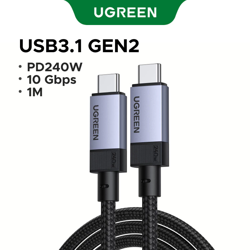 UGREEN USB3.1 Gen2 10Gbps 1M Bulit ในชิป E-Marker USB-C ถึง USB-C 240W สายชาร์จข้อมูลเปลือกอลูมิเนียม Braided Space Grey