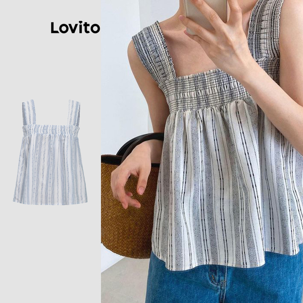 Lovito เสื้อแขนกุดผู้หญิง ลายทาง สม็อค สไตล์โบโฮ L91AD318
