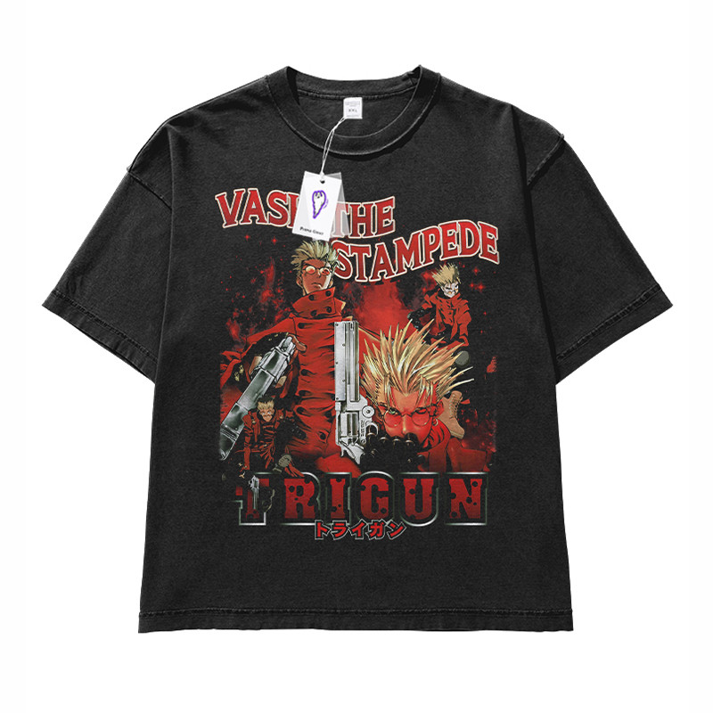 Gun God Trigun Trigun Short-Sleeved American Retro เสื้อยืดหลวมอะนิเมะชายอินเทรนด์