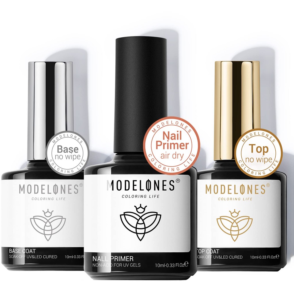 Modelones เบสเจล+ท็อปเจล ไม่ต้องเช็ด+ไพรเมอร์เล็บ เซ็ต 3 ชิ้น เงาใส ติดทน 10ml