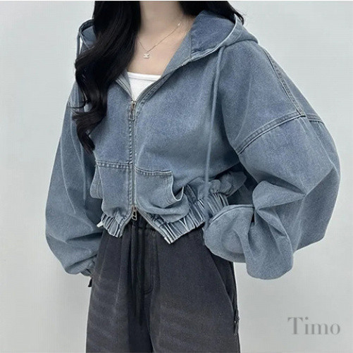 [Mall] สไตล์ใหม่ซิปคู่หลวมสบายๆ All-Match สั้นแขนยาว Hooded Denim แจ็คเก็ตผู้หญิงเกาหลีเก๋ฤดูใบไม้ร่วง Tempera