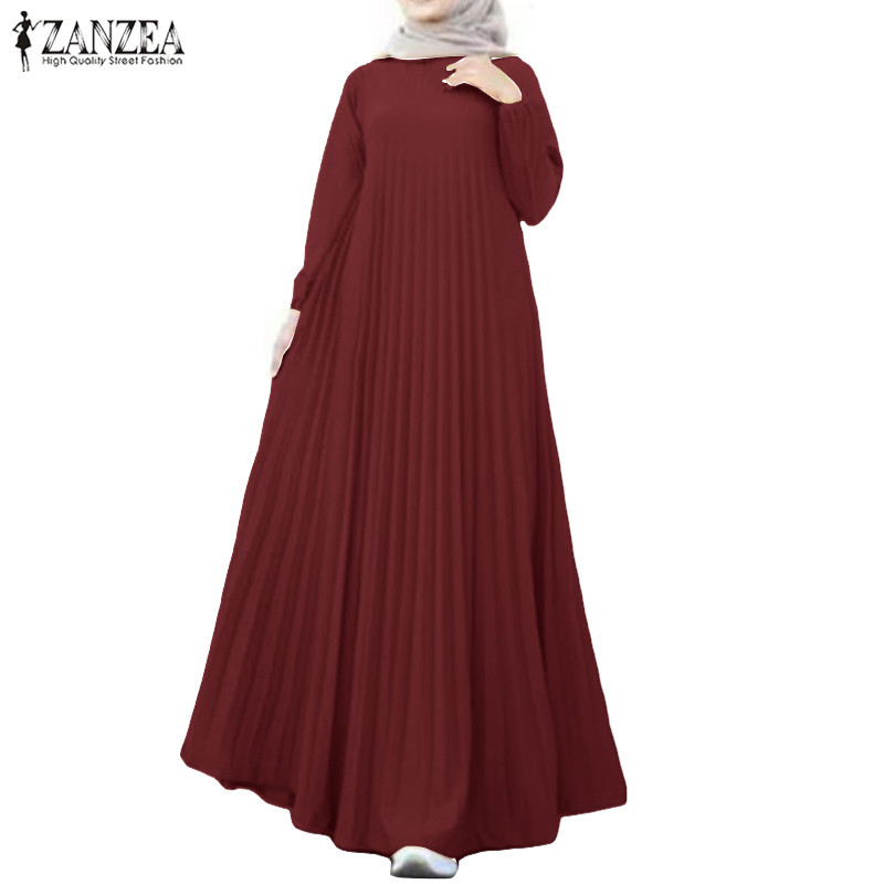 ZANZEA ใส่ ซานเซีย ผู้หญิงมุสลิมทุกวันสบายๆลูกเรือคอธรรมดาสีจีบ ก มิ้ม ชุด