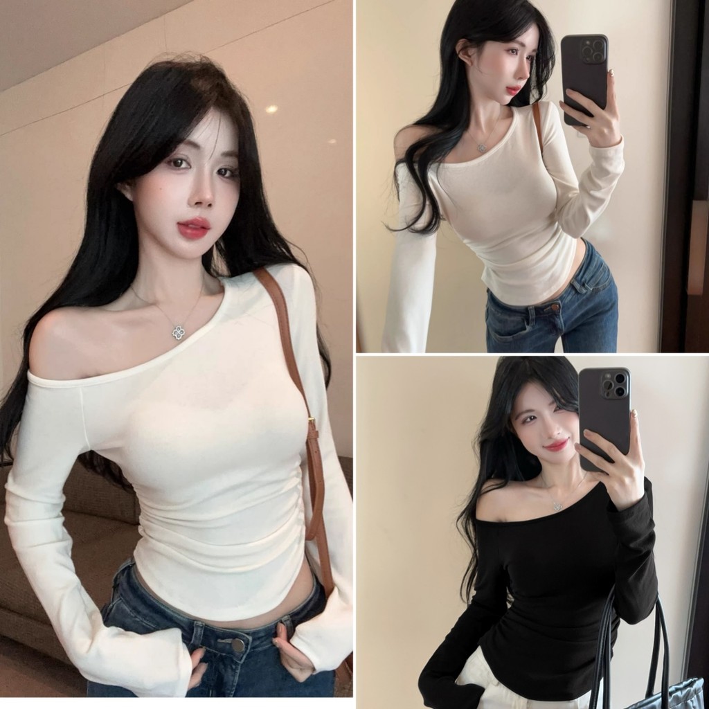 cherryshop พร้อมส่ง เสื้อยืดแขนยาวเปิดไหล่แฟชั่นสำหรับผู้หญิงรุ่นใหม่ สีพื้น รัดรูปสวย ไหล่เอียงเซ็กซี่ จีบข้าง