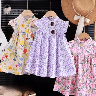MooDeng Baby ชุดเดรสกระโปรงเด็กผู้หญิง ใส่เทียวน่ารัก ชุดเดรสลายดอกไม้ น' ารักสำหรับเด็ กผู้ หญิง1-9 ชุดเดรสลายดอกไม้
