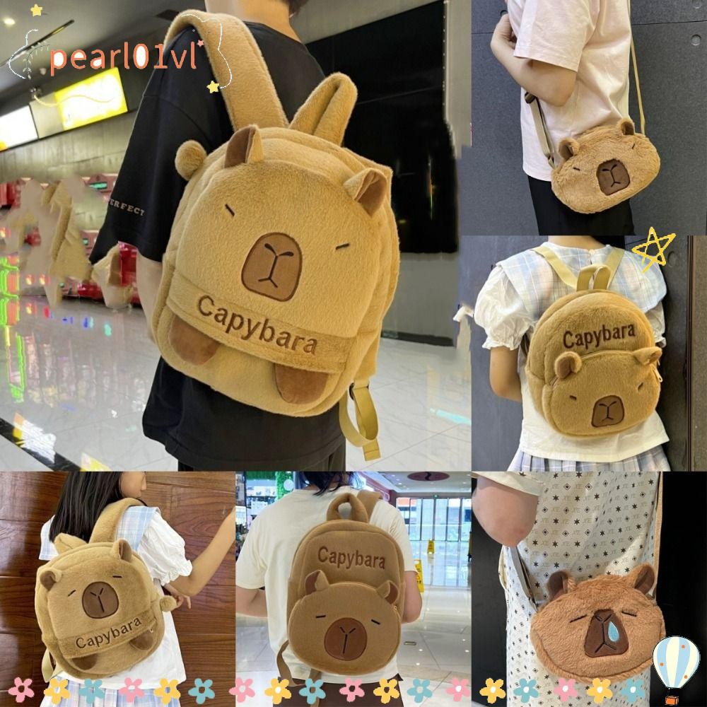 Pearl01 Capybara กระเป๋าเป้สะพายหลังตุ๊กตา, กระเป๋า Snot กระเป๋าสะพายข้าง, กระเป๋าสะพายไหล่กระเป๋าโทรศัพท์การ์ตูนความจุขนาดใหญ่