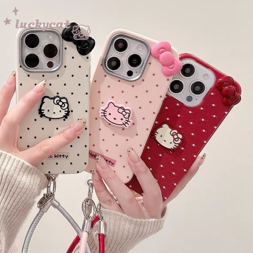 Iphone 16 15 14 13 12 11 Pro Max X Xr Xs Max เคสโทรศัพท์ Ins น่ารัก 3D DIY โบว์ KT แมวนุ่มปกหลังหนัง