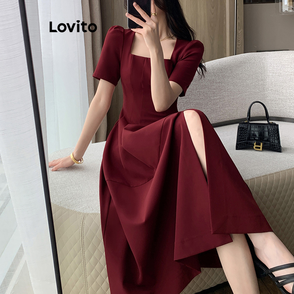Lovito ชุดเดรสบอลกาวน์ แบบผ่า สีพื้น หรูหรา LNE27028 (หลากสี)