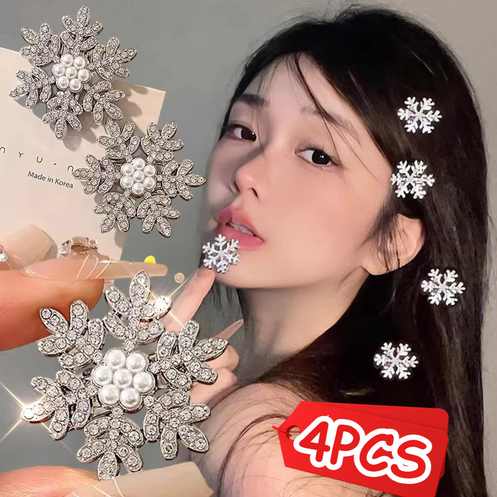 Xmas Snowflake กิ๊บติดผมมุกคริสต์มาสผู้หญิง Rhinestone Sliver โลหะประกายน่ารักหวาน Hairpins ออกเดท Party Barrettes