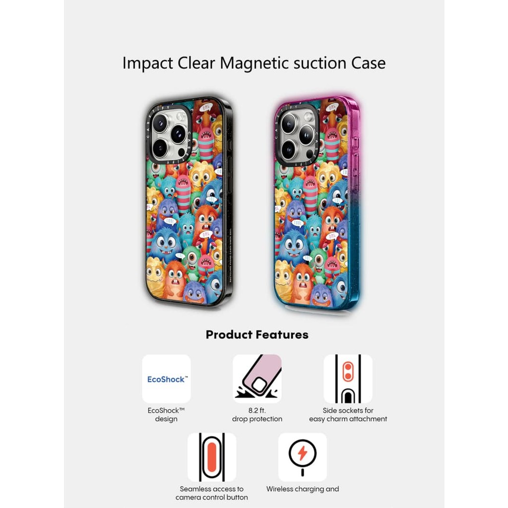Casetify X Little Monster แม่เหล็กดูด Hard อะคริลิคด้านหลังสําหรับ Apple IPhone 12 13 14 15 16 Pro Max Plus พร้อมกล่อง
