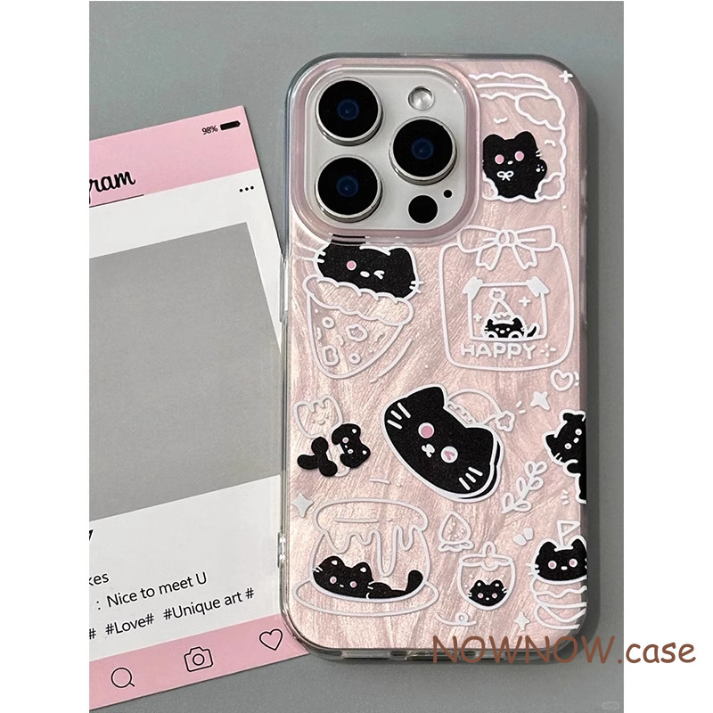 Iphone 16 15 14 13 12 11 Pro Max X XR XS Max 7 8 Plus INS สีชมพูน่ารักสาย Little Black Cat เคสโทรศัพท์ปกอ่อน