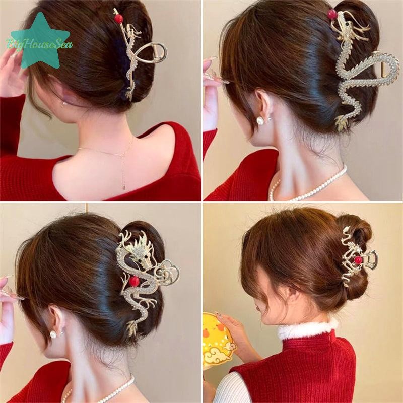 [BigHouseSea] 2024 ปีมังกร Shark Claw คลิป Rhinestones Dragon Hair Claw กิ๊บโลหะผู้หญิงคลิปปู Barrette อุปกรณ์เสริมผมใหม่