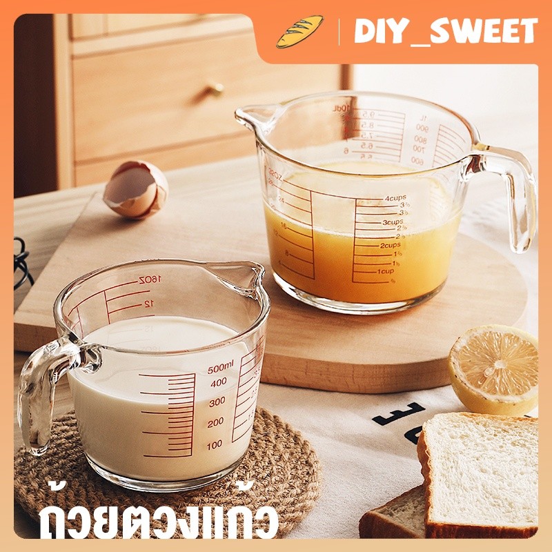 DIY_SWEET【COD】﻿ ถ้วยตวงแก้ว 250ซีซี 500ซีซี 1000ซีซี มีป้ายสเกลชัดเจน ทนความร้อนและทนทาน
