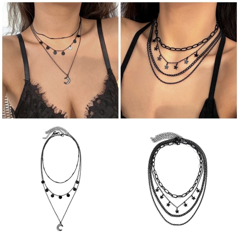 Ww สไตล์ Black Star Crescent Choker สร้อยคอผู้หญิงที่โดดเด่นคอปรับโซ่โลหะ Y2K เครื่องประดับ