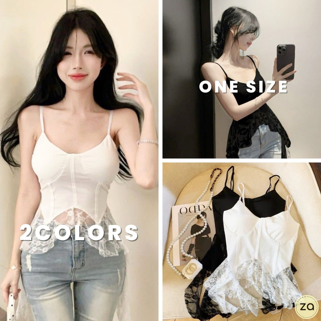 HOT SALE สายเดี่ยว ดีเทลชายแต่งลูกไม้ยาว แอบเซ็กซี่ มีฟองน้ำ สายปรับได้