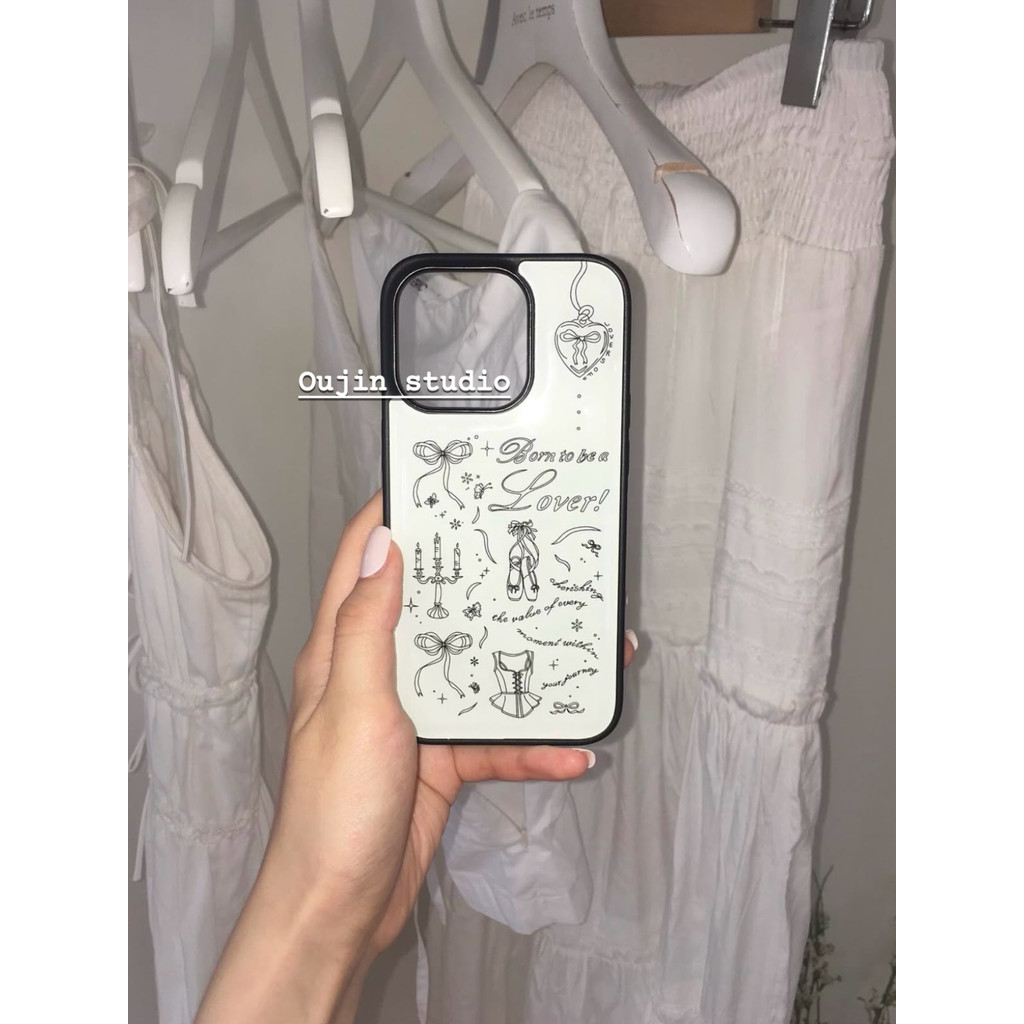 สไตล์เกาหลี Niche ins สาว Retro ภาพประกอบโบว์บัลเล่ต์กระโปรง Blogger เคสโทรศัพท์สไตล์เดียวกันเหมาะสําหรับ 16pro/15p/14promax/13 เคสโทรศัพท์อะคริลิค