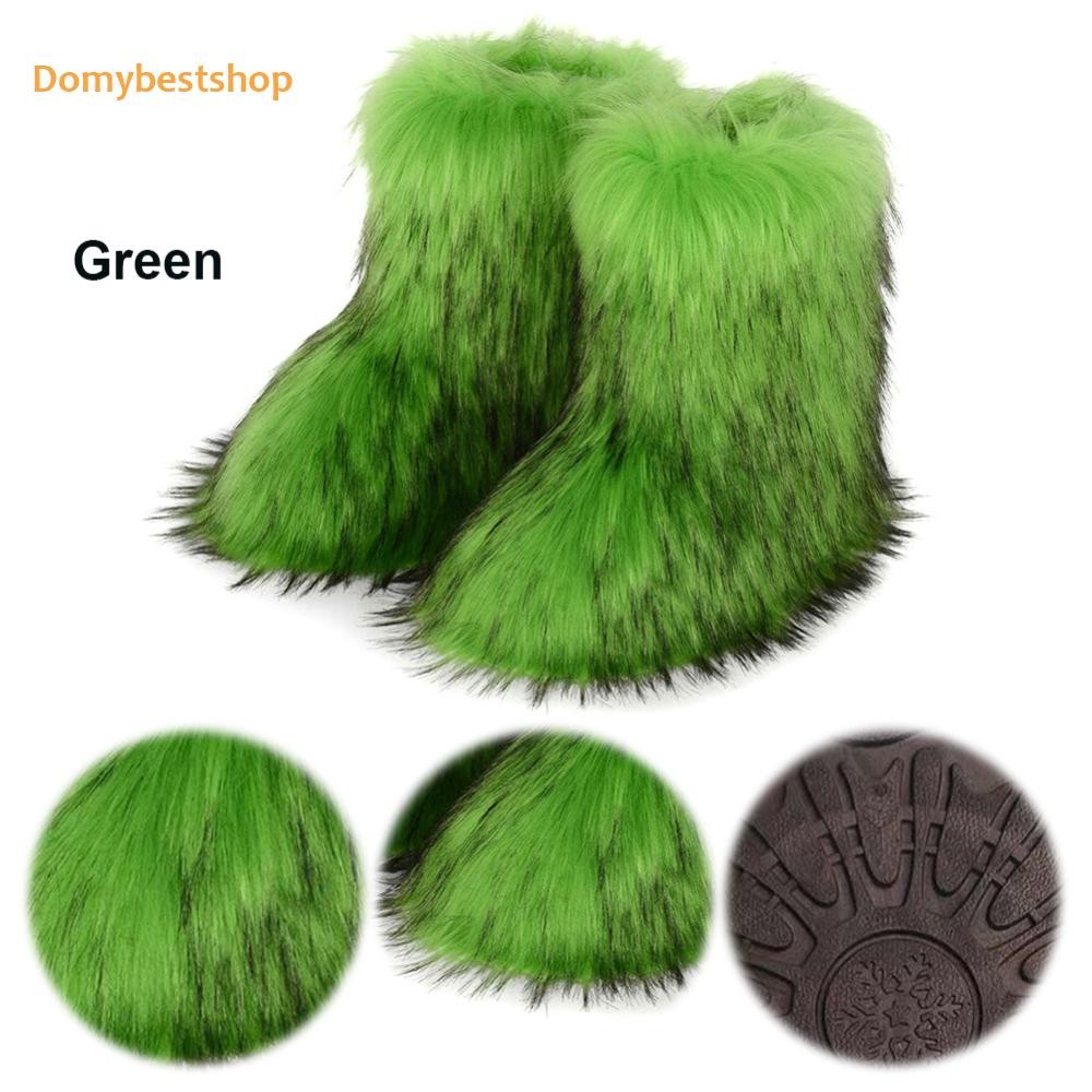 ผู้หญิง Furry Boots อบอุ่นสบาย Faux Fur Boots Snow Boots รองเท้าส้นแบนกลางแจ้ง [Domybestshop.th]