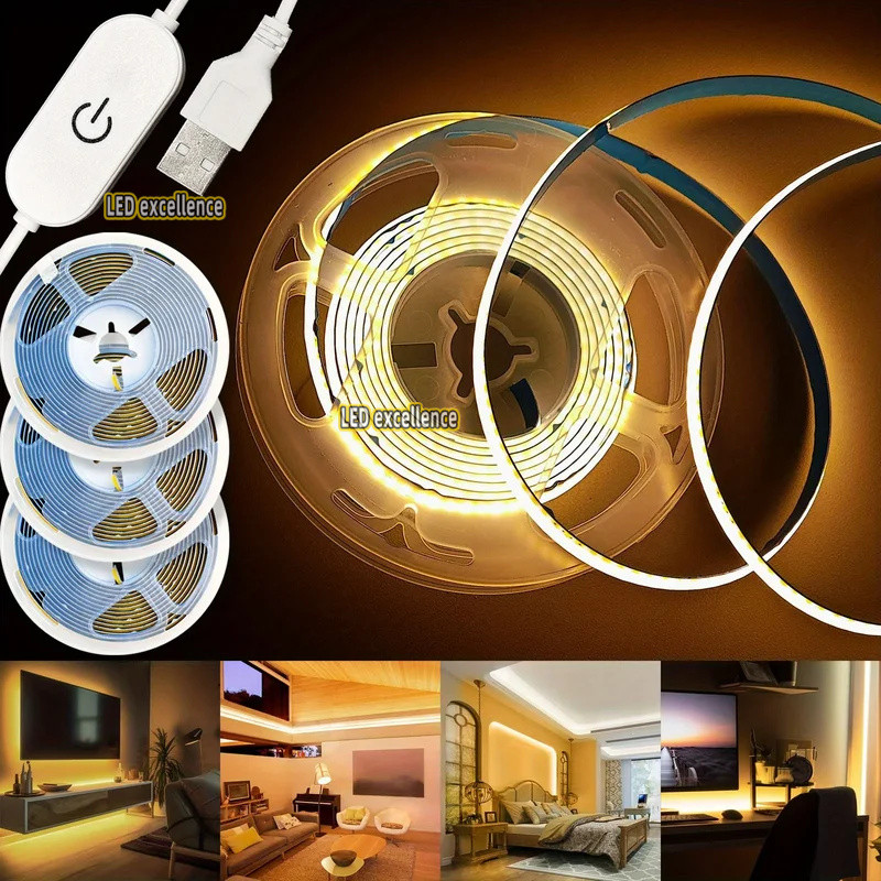 Usb 5V LED Strip Light COB Touch Dimming Control Light ความหนาแน่นสูง RA90 เทปแบบยืดหยุ่น,เหมาะสําหรับตกแต่งบ้านตู้