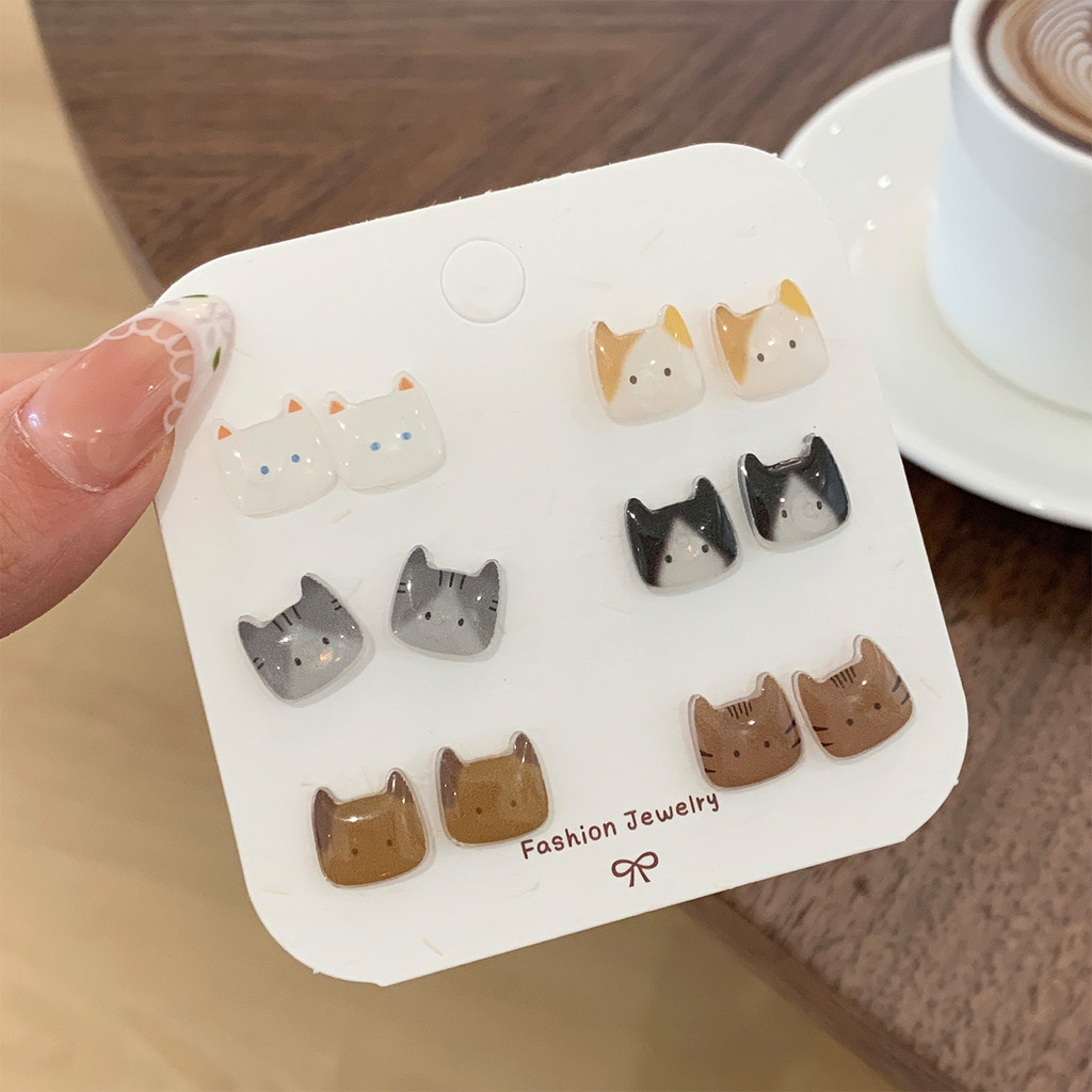 6 คู่/ญี่ปุ่นน่ารักต่างหูหัวลูกแมว Sweet Niche All-Match ต่างหูนักเรียนเฉพาะ ins
