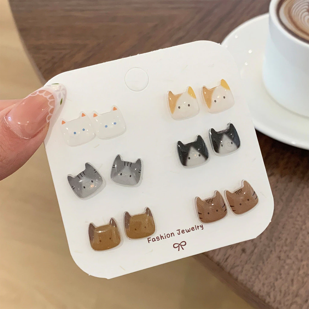 6 คู่/ญี่ปุ่นน่ารักต่างหูหัวลูกแมว Sweet Niche All-Match ต่างหูนักเรียนเฉพาะ ins