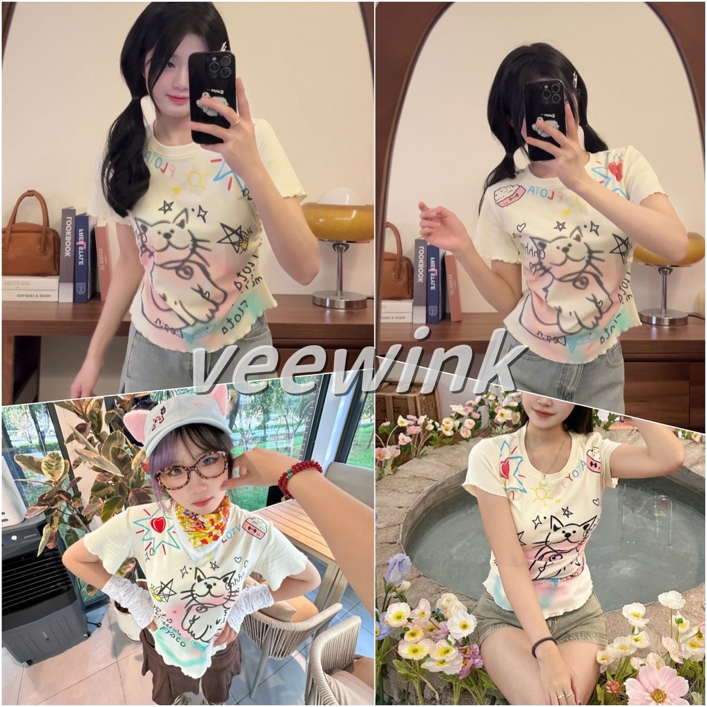 Veewink เสื้อยืดแขนสั้น สื้อครอปแฟชั่นผู้หญิง เสื้อรัดรูป น่ารัก สไตล์เกาหลี