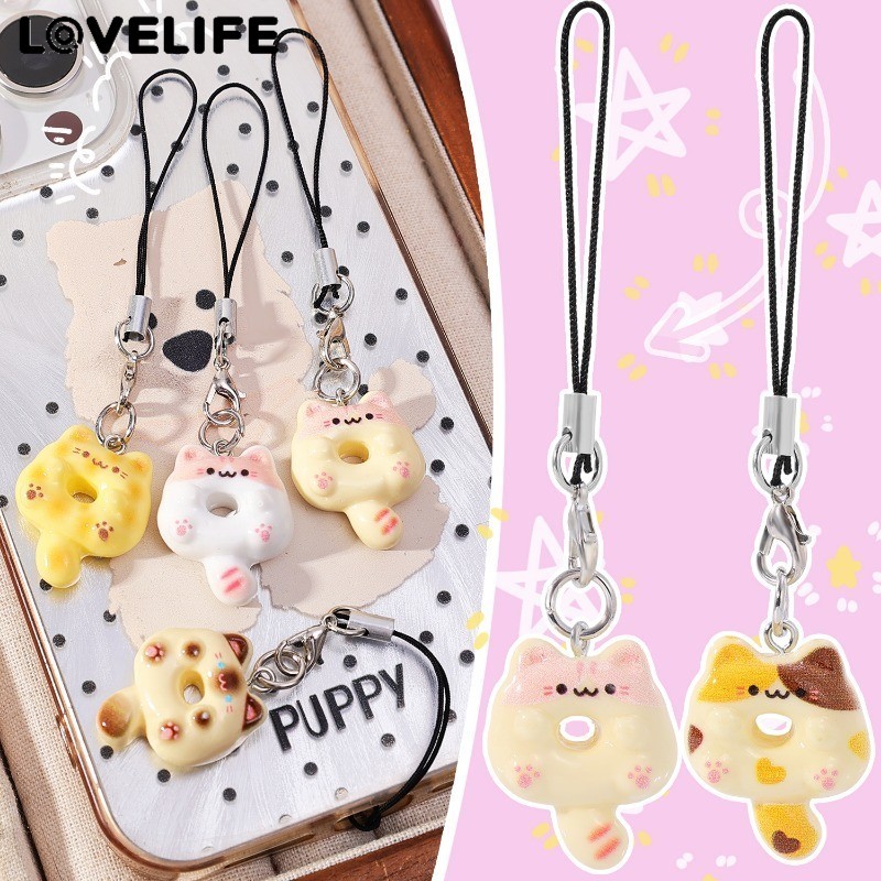 [3ค & อัตโนมัติ]เสน่ห์โทรศัพท์โลหะเรซินที่ทนทาน-พวงกุญแจโดนัทแมว10ซม.,หลากสีเชือกเส้นเล็กสากลอุปกรณ์เสริมสําหรับเคสโทรศัพท์/กระเป๋าเ